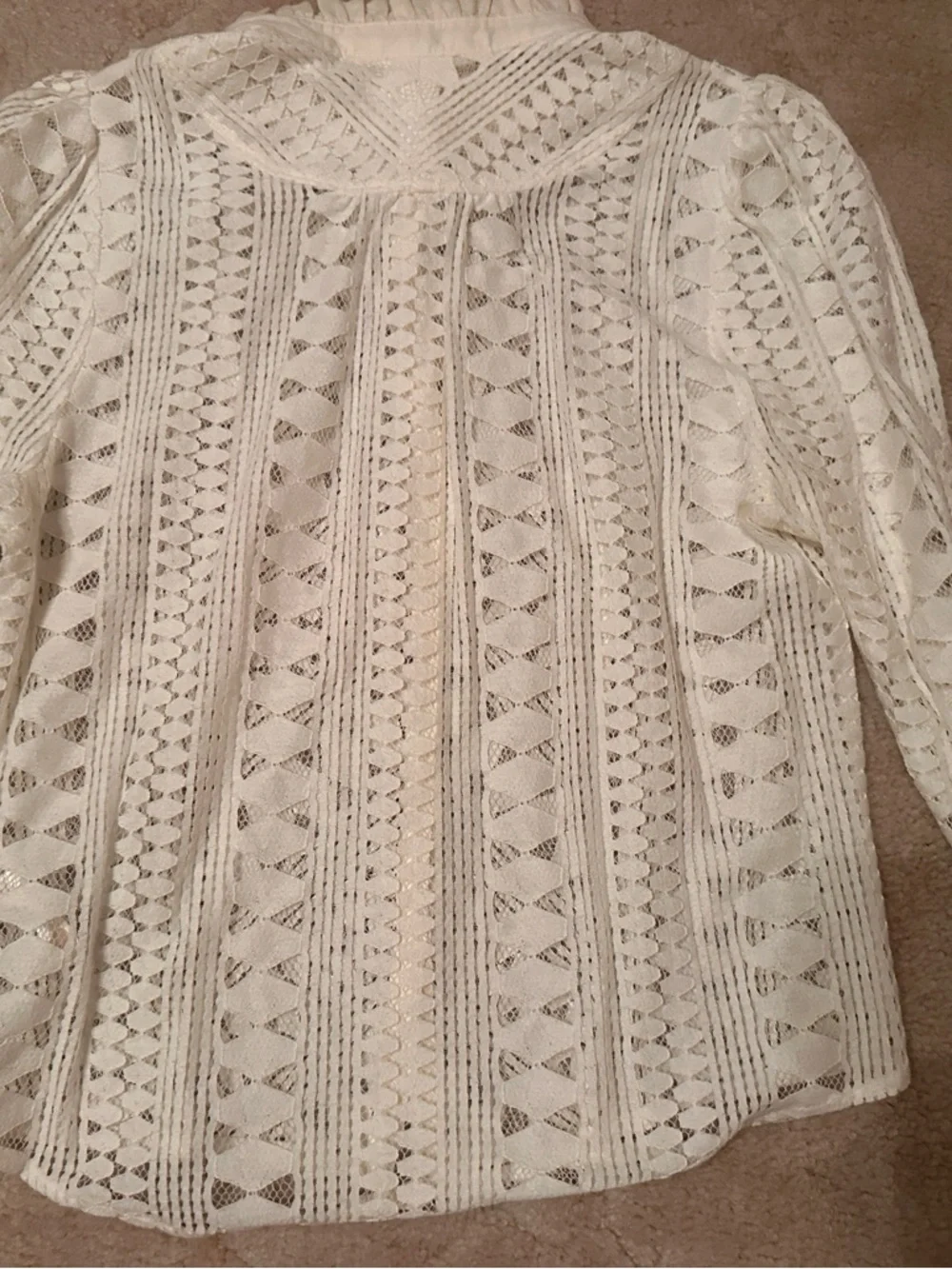 Anthropologie Cream Crochet Lace Ruffle-Neck Button Blouse